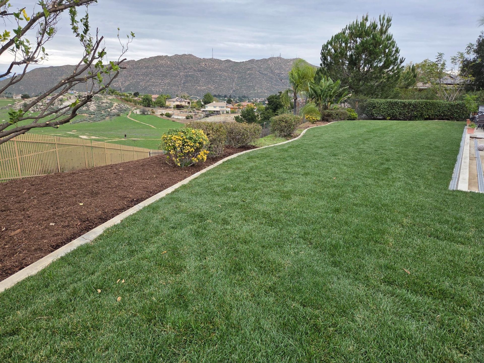 Green lawn, brown mulch border, view of distant hills and houses under overcast sky.