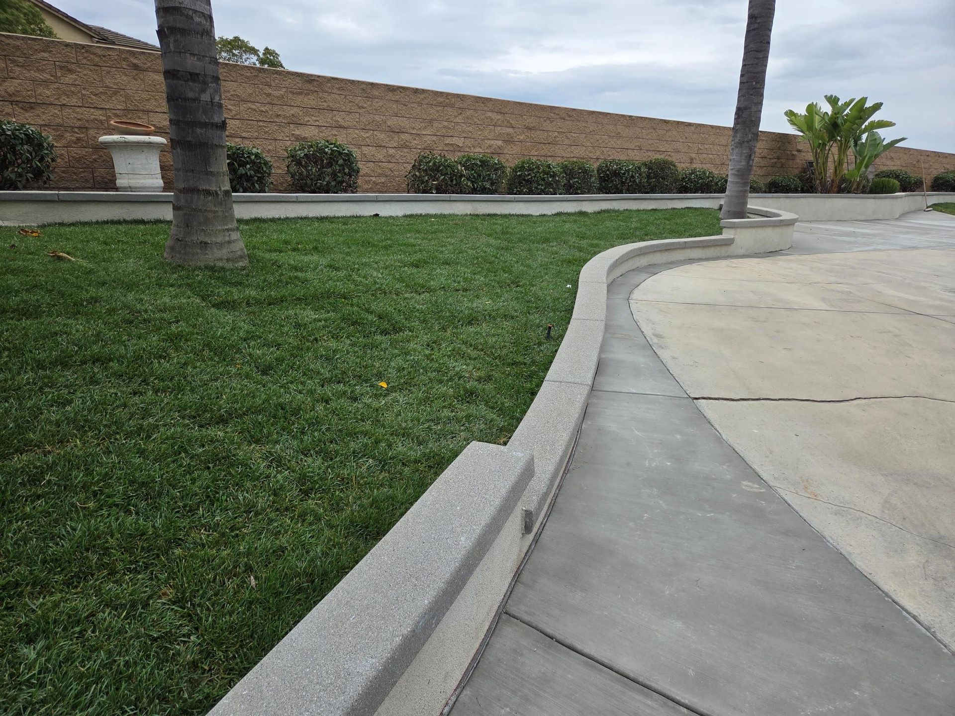 Concrete curb bordering green lawn and walkway, with palm trees and a hillside.