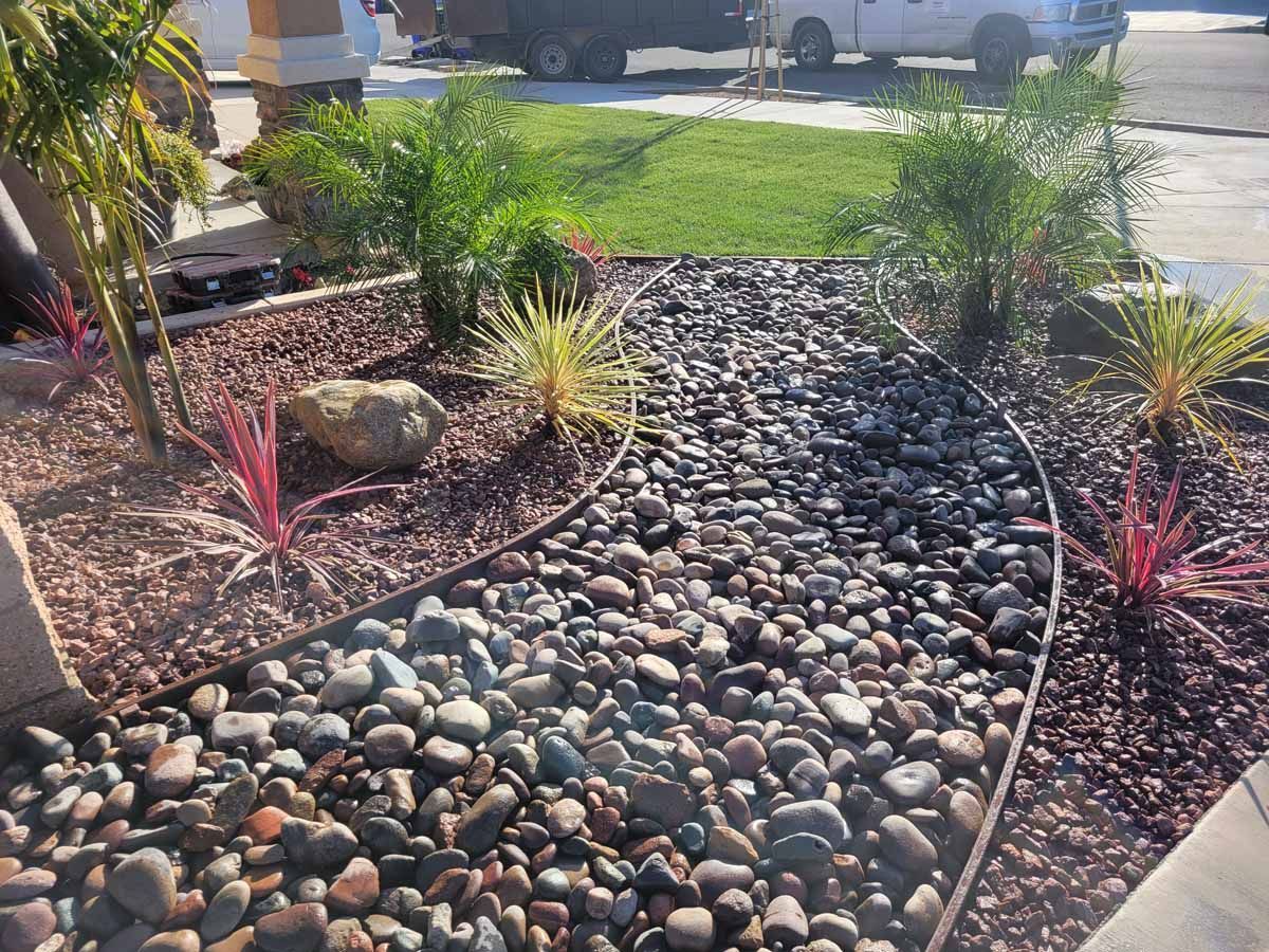 Rock garden with brown and gray stones, plants, and a rock border in a yard.