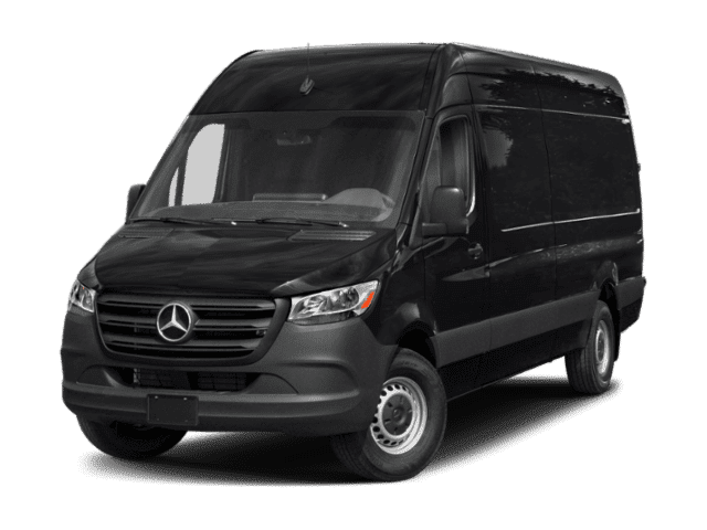 A black mercedes sprinter van is shown on a white background.