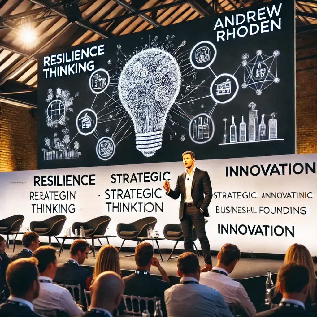 Andrew Rhoden delivers an inspiring keynote speech at a conference for entrepreneurs and founders, addressing themes like 