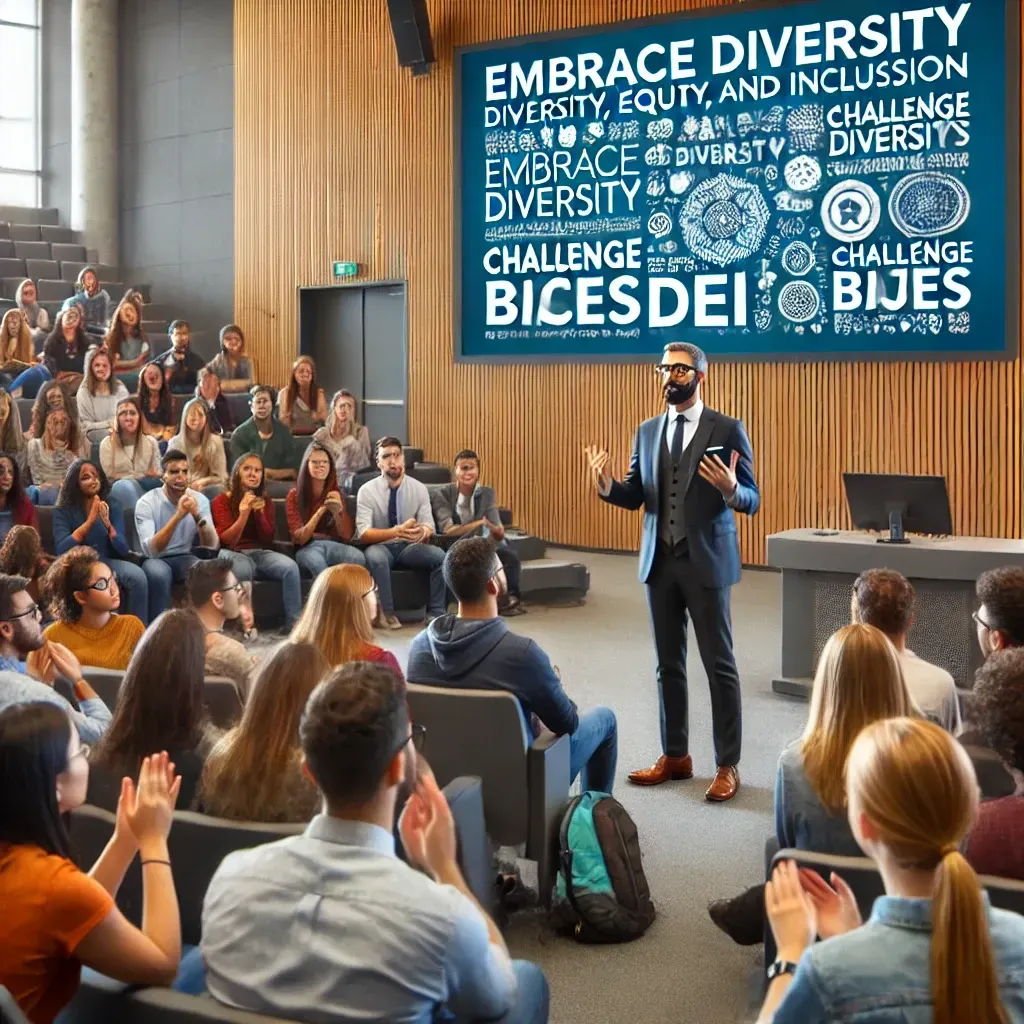 A man is giving a presentation to a large group of people in an auditorium.