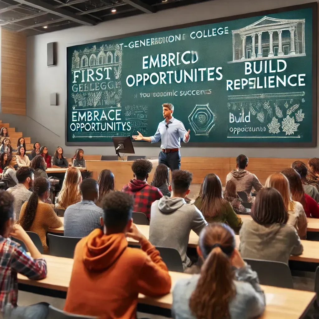 An educational speaker addresses a diverse group of first-generation college students in a modern university lecture hall. The speaker is passionately discussing topics like resilience, confidence, and academic success, with a screen behind them displaying phrases like 