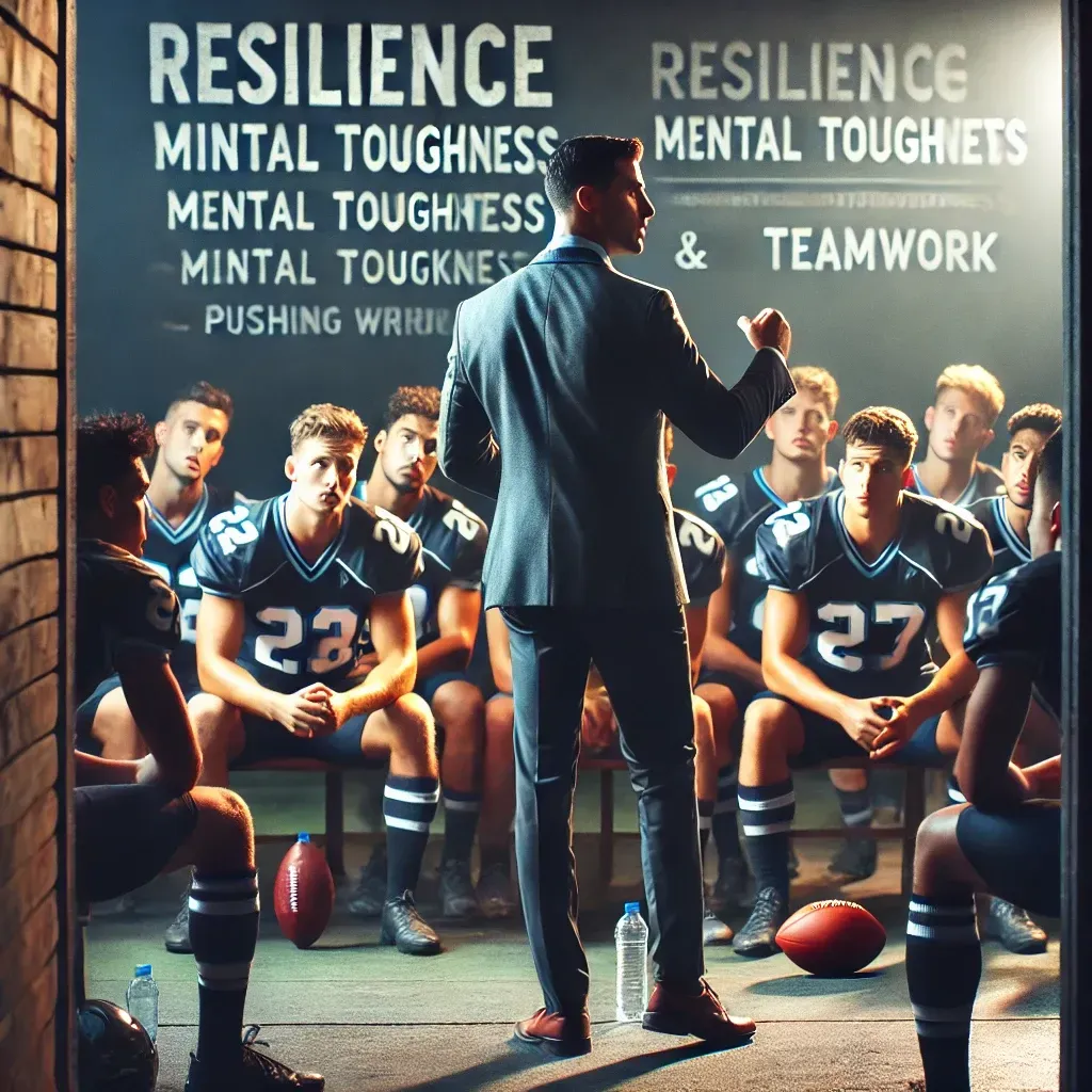 A motivational speaker addresses a sports team in a locker room or training facility, delivering an inspiring message about resilience, mental toughness, and teamwork. The athletes, dressed in their sports uniforms, listen attentively, some nodding in agreement while others take notes. The atmosphere is charged with motivation, focusing on building a winning mindset and overcoming challenges to enhance team performance.