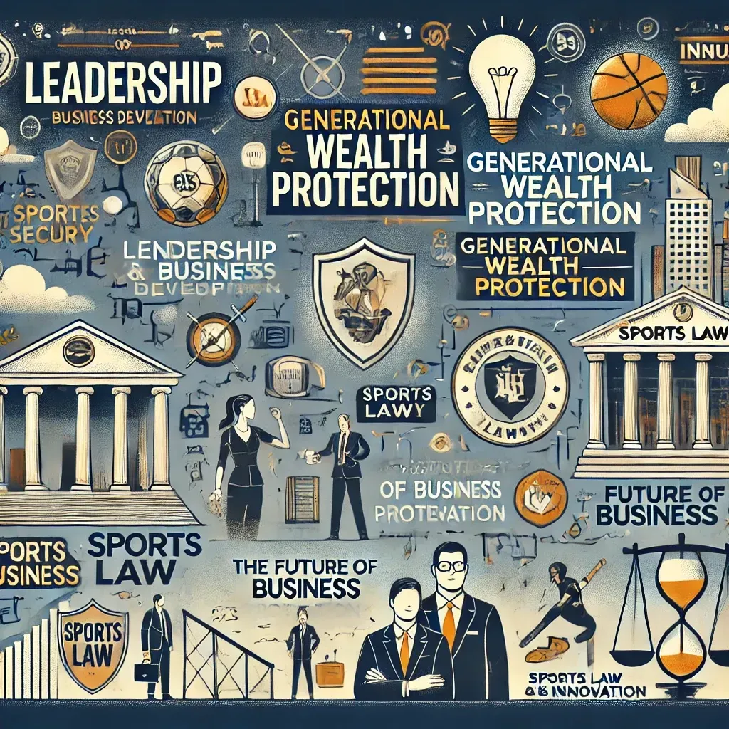 An illustration highlighting diverse keynote topics across industries, with icons representing leadership, financial security, sports law, and business innovation. The design emphasizes themes of business development, wealth protection, advocacy, and future trends, suitable for corporate and educational audiences.