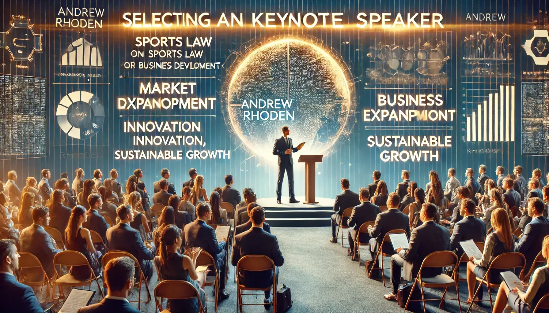 A dynamic conference where keynote speaker Andrew Rhoden engages an audience on sports law, business development, and leadership. Themes of market expansion, innovation, and sustainable growth are displayed on the screen, reflecting the speaker's impactful insights that inspire attendees to apply practical strategies for business growth and success.