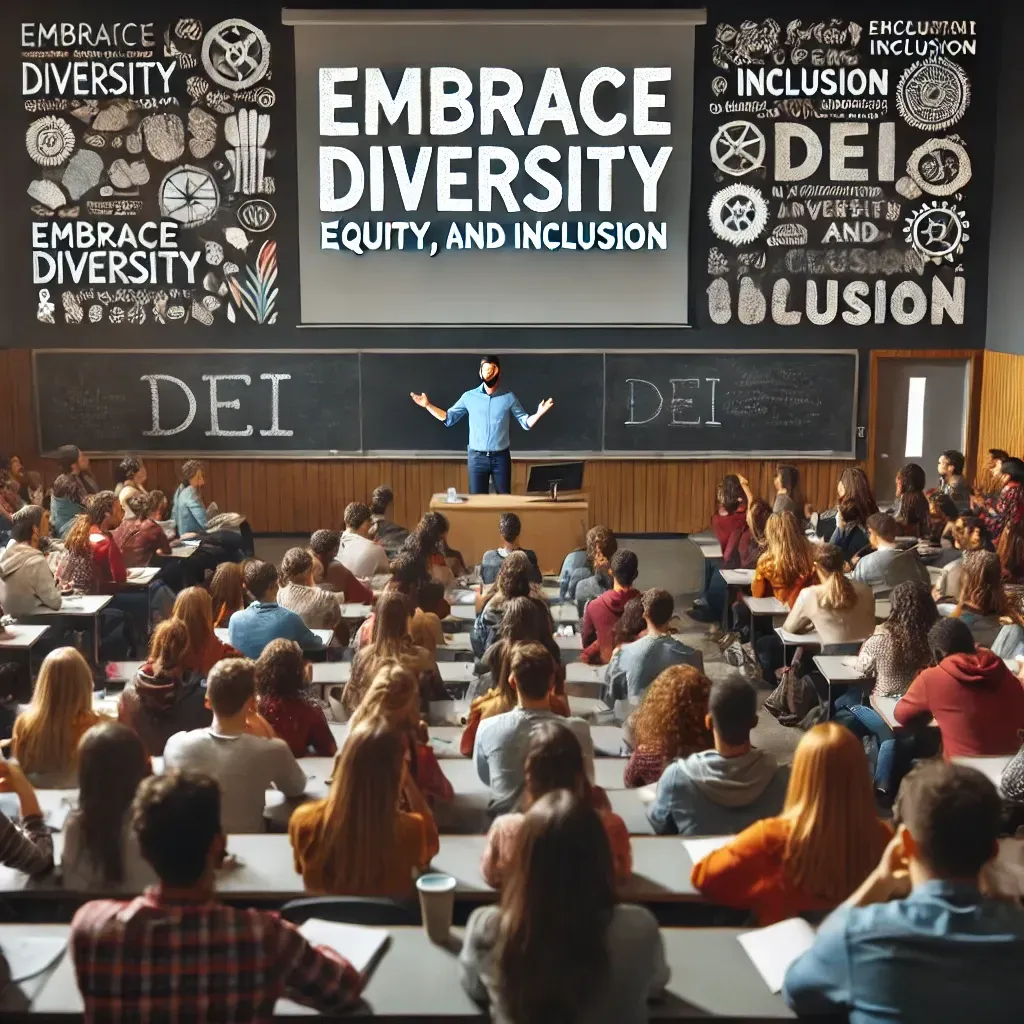 A man is giving a lecture to a large group of students in a classroom.