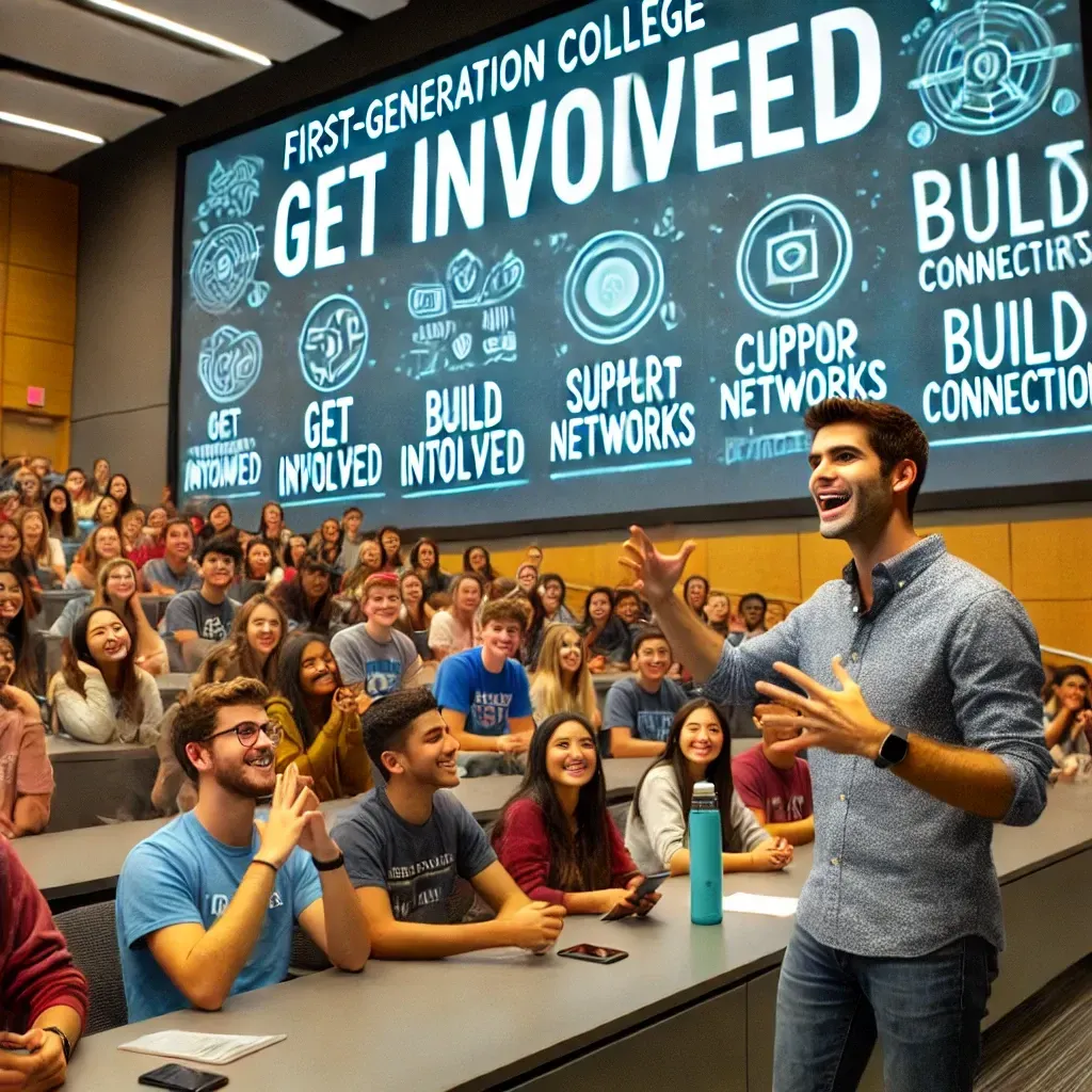 A motivational speaker addresses first-generation college students in a modern university lecture hall, passionately sharing personal stories of student engagement and campus involvement. Behind the speaker, a screen displays phrases like 