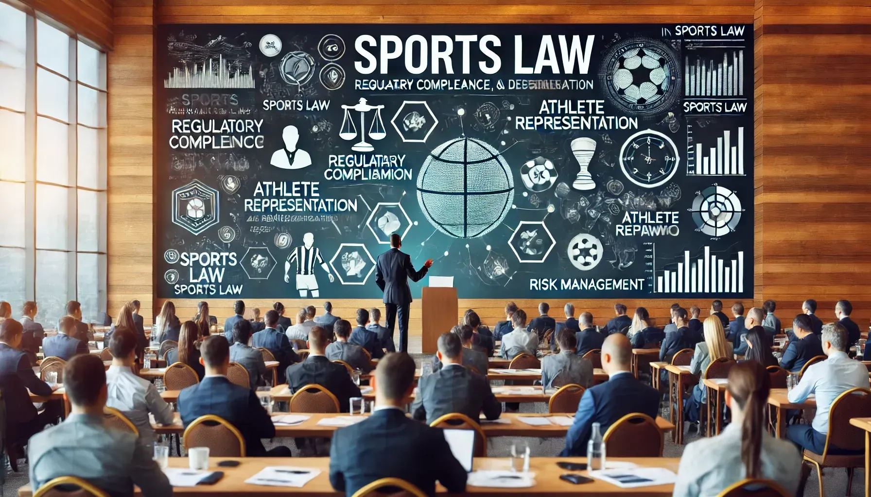 A conference setting featuring a keynote speaker discussing sports law, focusing on regulatory compliance, athlete representation, and risk management. The speaker engages a diverse audience, with visuals highlighting legal frameworks, illustrating how sports law insights apply to a range of industries, offering valuable perspectives on compliance and risk management.