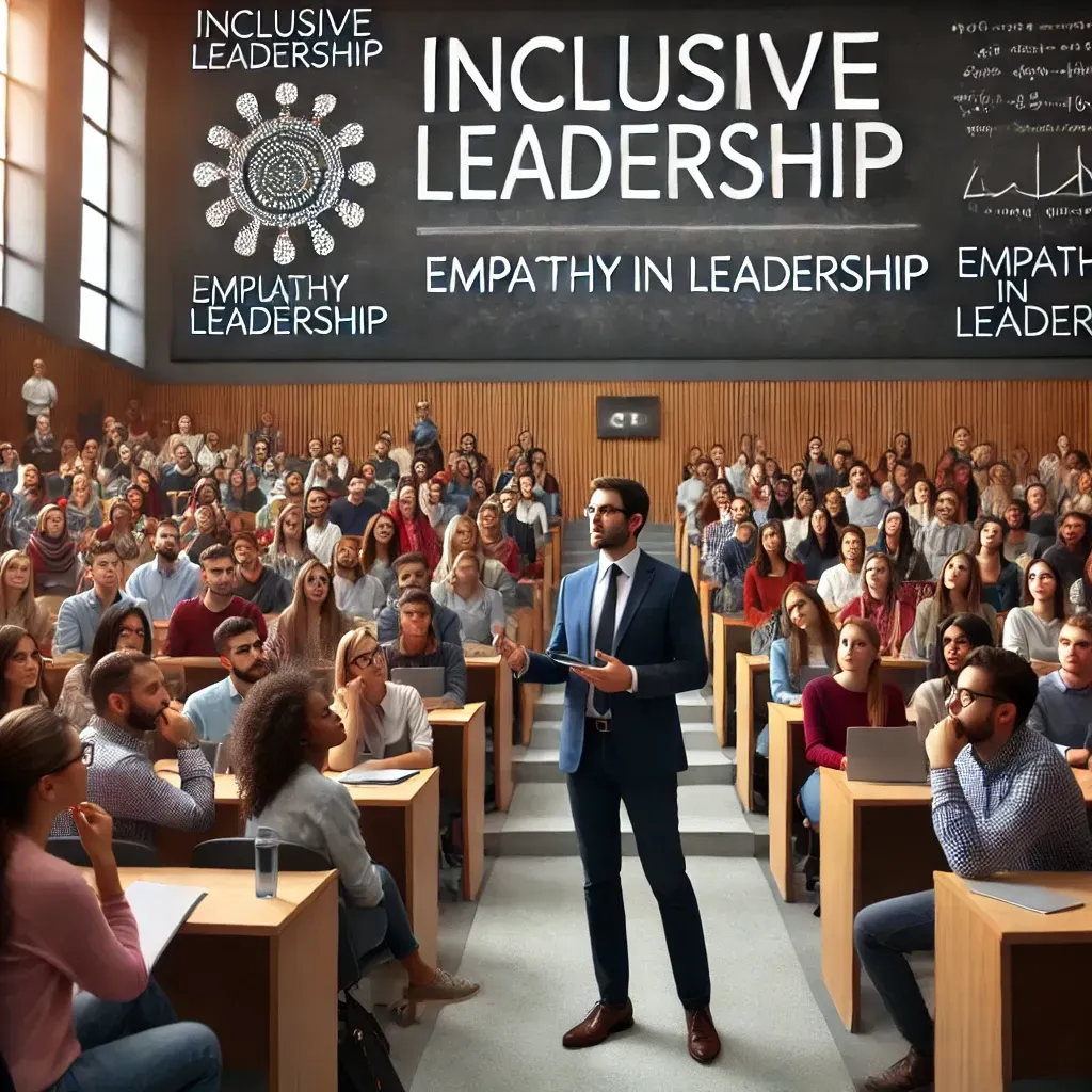 A man in a suit is standing in front of a large group of people in a classroom.