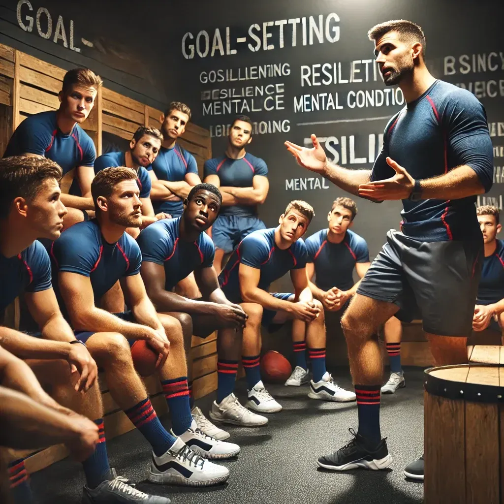 A motivational speaker engages a sports team in a locker room or training facility, delivering an energetic presentation focused on goal-setting, resilience, and mental conditioning. The athletes, dressed in their team uniforms, are focused and attentive, some taking notes while others nod in agreement. Behind the speaker, a screen highlights key motivational terms, emphasizing the speaker’s sports-specific expertise and practical advice for improving performance.