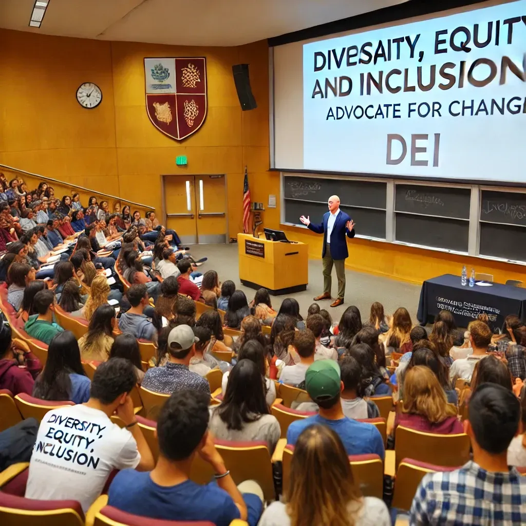 A man is giving a lecture to a large group of people