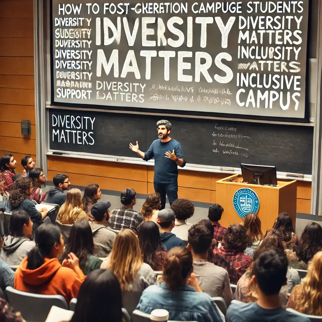 An educational speaker addresses a diverse group of first-generation college students, faculty, and staff in a university lecture hall, focusing on inclusivity, diversity, and support. Behind the speaker, a screen displays phrases like 