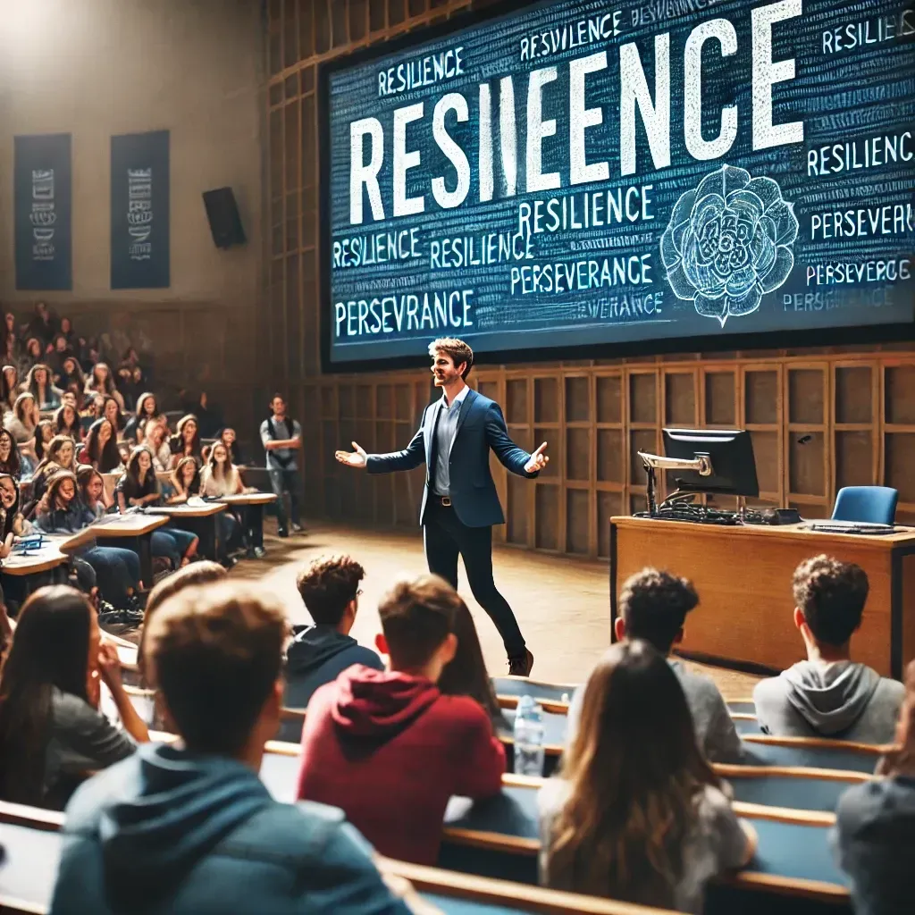 A man is giving a presentation in front of a large screen that says resilience.