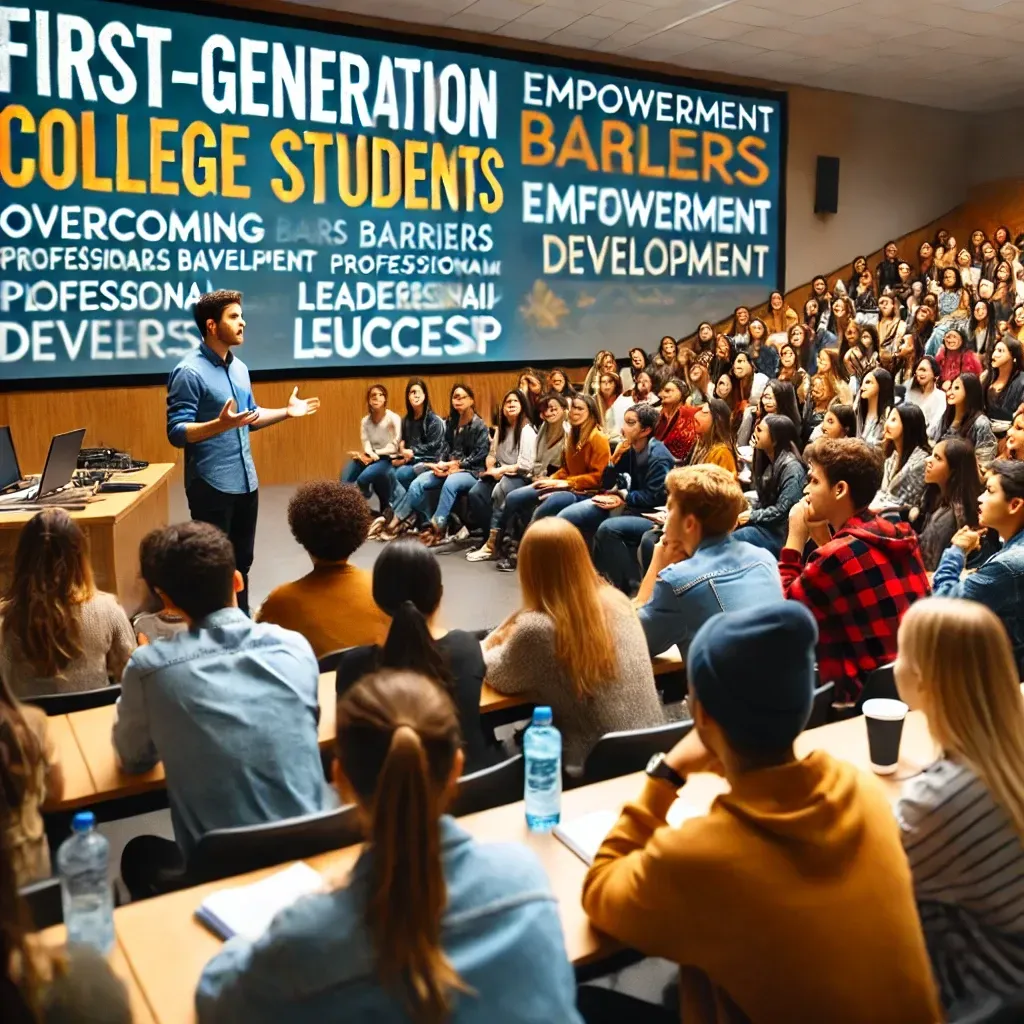 A motivational speaker addresses first-generation college students in a university lecture hall, discussing overcoming barriers, professional development, and leadership skills. Behind the speaker, a screen displays words like 