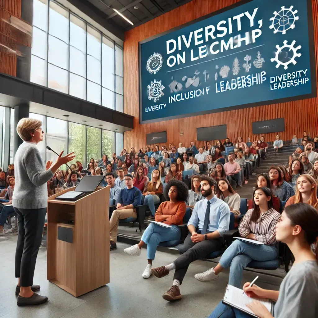 A woman is giving a presentation to a large group of people in a lecture hall.