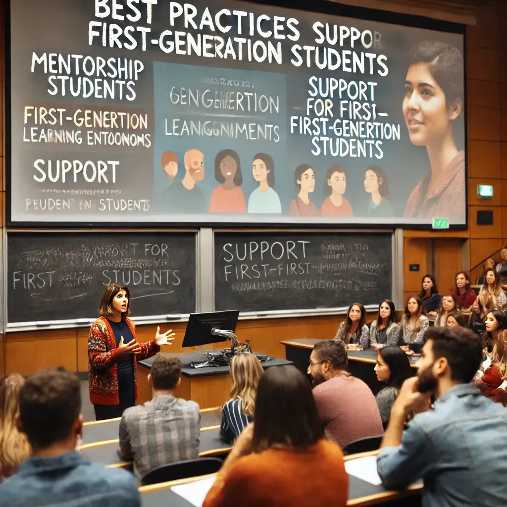 An educational speaker addresses a group of university teachers and professors in a lecture hall, discussing best practices for supporting first-generation students. Behind the speaker, a screen displays phrases like 