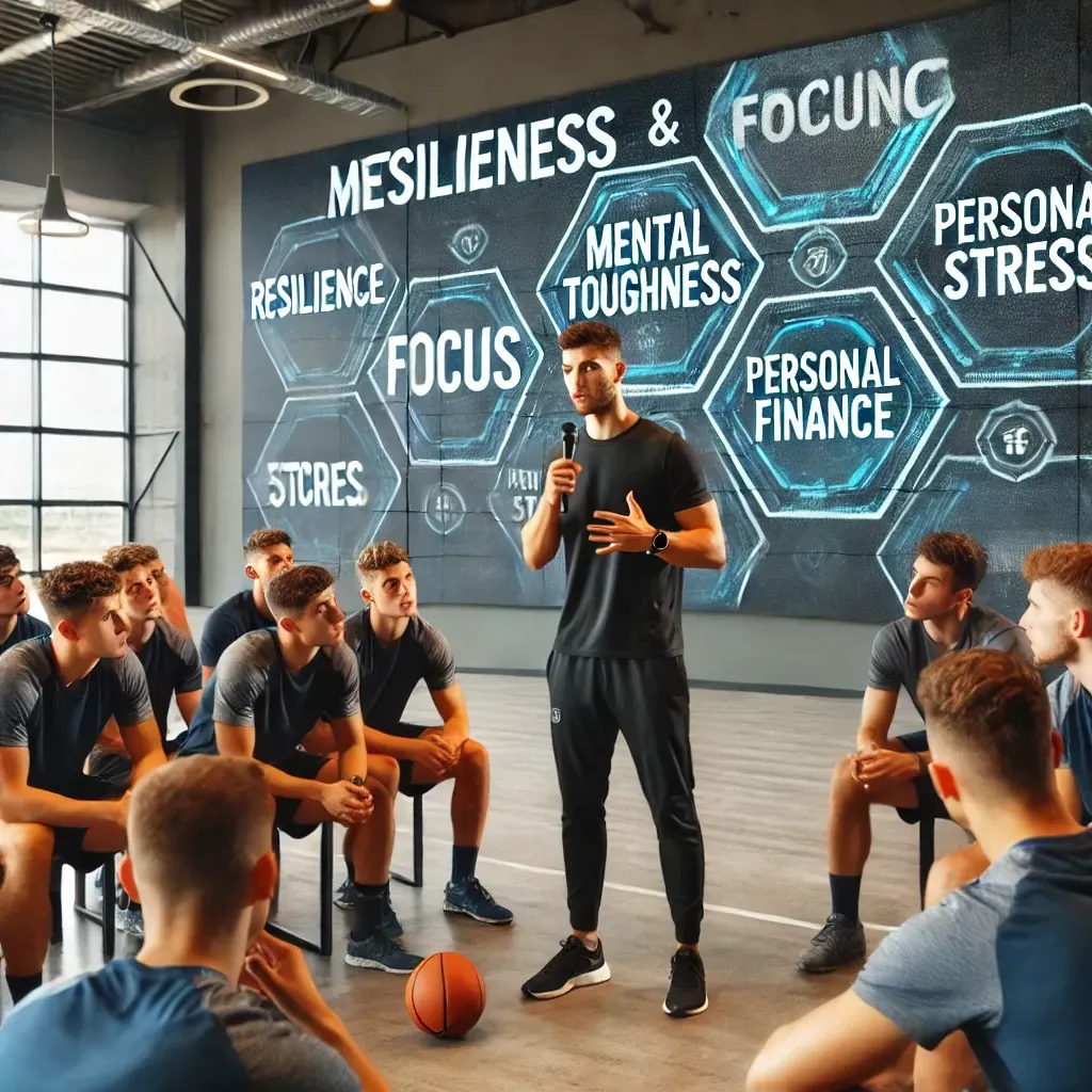 A professional speaker and life coach delivers a motivational talk to a group of athletes in a modern training facility, focusing on mental toughness, resilience, and personal development topics like stress management and personal finance. The athletes, dressed in sports uniforms, listen attentively, some taking notes and others nodding in agreement. Behind the speaker, a screen displays key terms like 