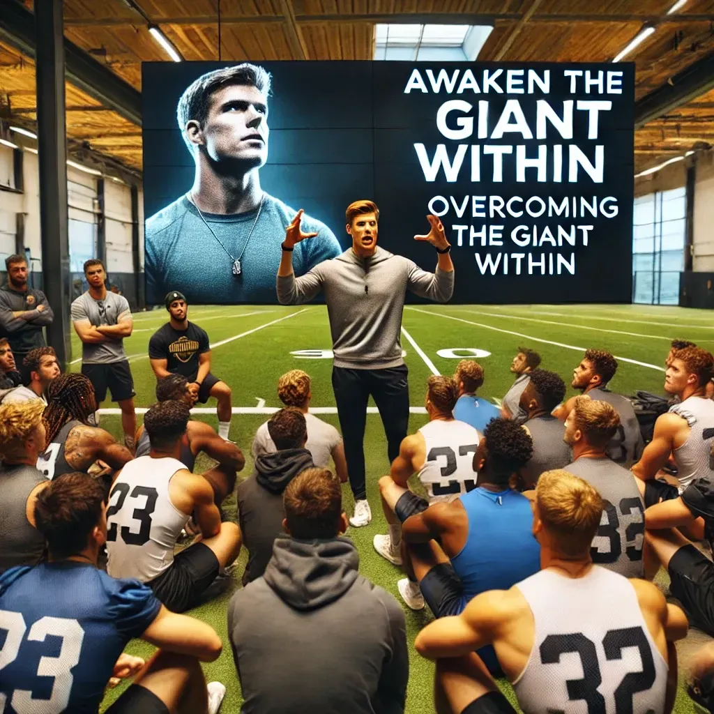 A man is giving a presentation to a group of men on a football field.