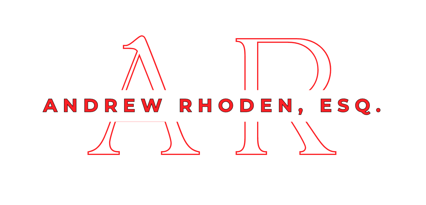 The logo for andrew rhoden , esq . is red and white.