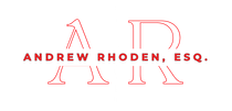 The logo for andrew rhoden , esq . is red and white.