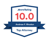 A badge that says avvo rating 10.0 andrew f. rhoden top attorney