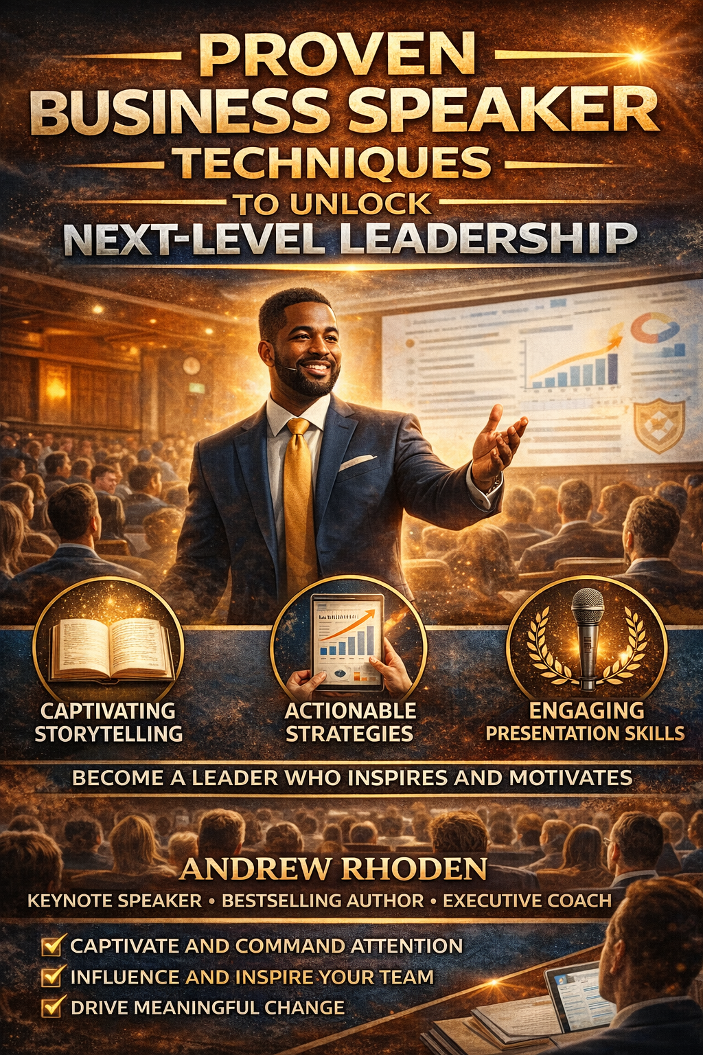 Promotional graphic of business speaker Andrew Rhoden presenting on stage to a large audience, highlighting leadership techniques, storytelling, actionable strategies, and engaging presentation skills, with bold text about unlocking next-level leadership and inspiring teams.