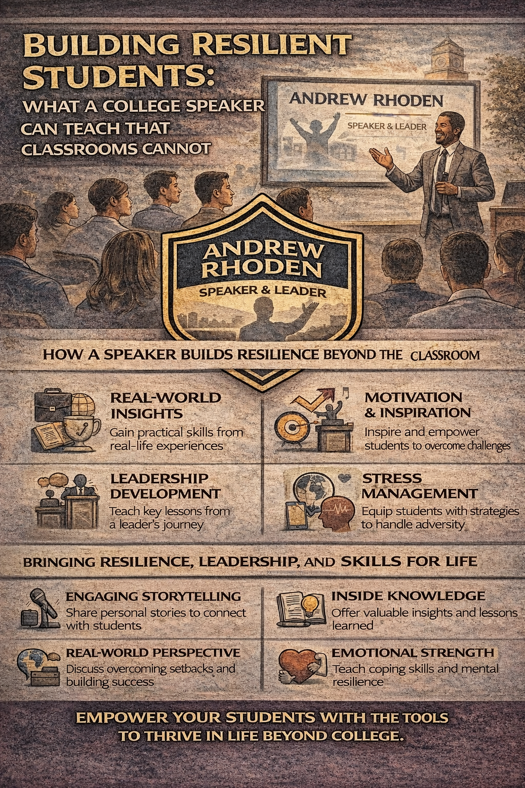 Building Resilient Students: What a College Speaker Can Teach That Classrooms Cannot.” It shows a college auditorium setting where Andrew Rhoden, labeled as a speaker and leader, is presenting to a group of students. A central badge highlights his name and role. The infographic outlines key benefits of a college speaker, including real-world insights, leadership development, motivation and inspiration, and stress management. Additional sections emphasize storytelling, practical knowledge, emotional strength, and real-world perspective. The overall message highlights how speakers help students build resilience, confidence, and life skills beyond traditional classroom education.