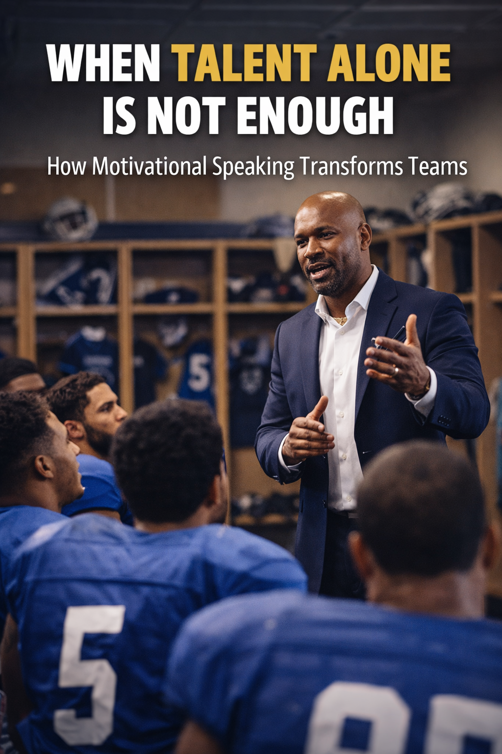Motivational speaker Andrew Rhoden delivering an inspiring talk to a football team in a locker room, emphasizing mindset, leadership, and performance beyond talent.