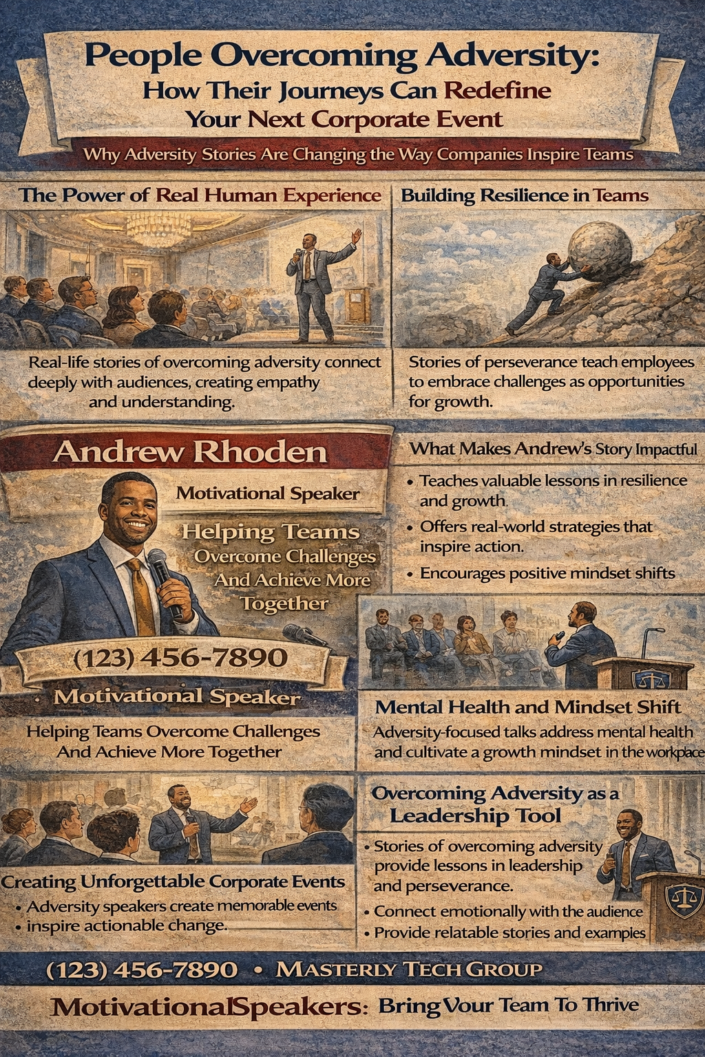 People Overcoming Adversity: How Their Journeys Can Redefine Your Next Corporate Event,” featuring a motivational speaker addressing an audience and scenes of individuals overcoming challenges. The image highlights how adversity stories build resilience, support mental health, inspire leadership, and create meaningful, memorable corporate events that encourage growth and a positive mindset.
