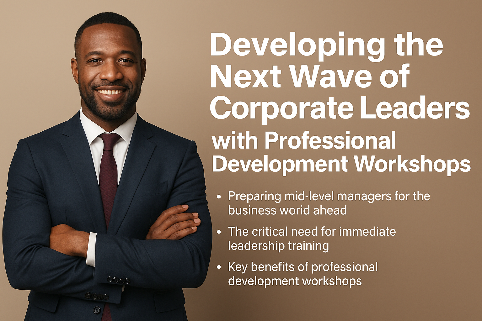 A digital promotional image featuring a confident Black man in a navy-blue suit and burgundy tie, smiling with arms crossed against a beige background. On the right side, bold white text reads