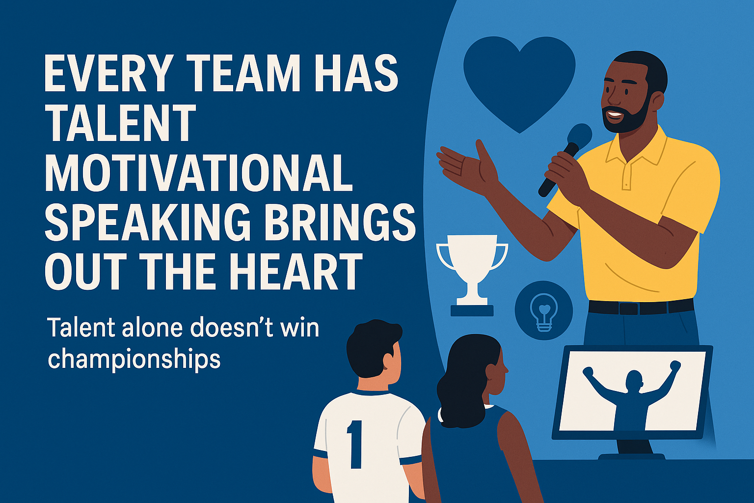 Illustration with bold white text reading “Every Team Has Talent—Motivational Speaking Brings Out the Heart” on a deep blue background. On the right, a confident Black male speaker in a yellow shirt addresses an audience with a microphone, while icons of a heart, trophy, lightbulb, and victorious athlete on a screen emphasize emotional inspiration and achievement. Two audience members, including a sports player in a #1 jersey, look on. The image underscores how motivational speaking supports emotional resilience and team unity beyond athletic talent.
