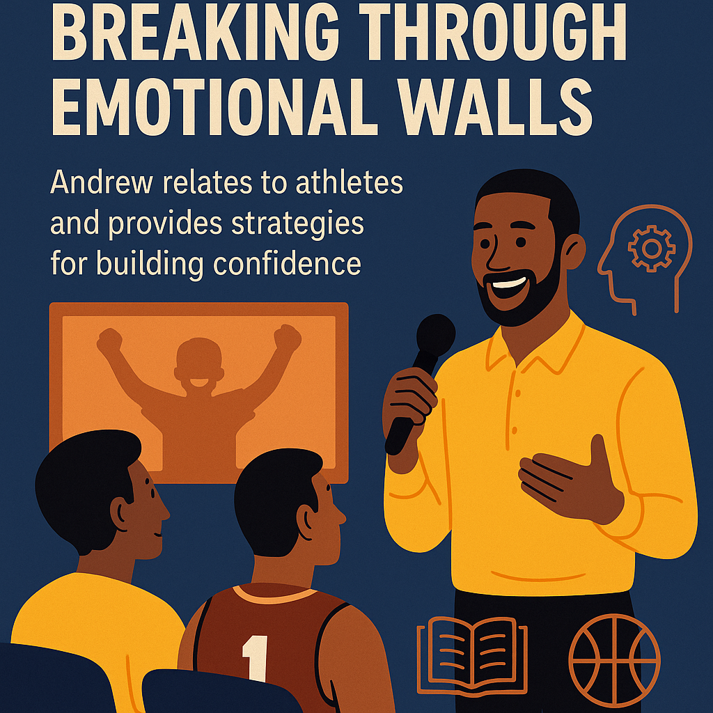 Illustration with the title “Breaking Through Emotional Walls” on a dark blue background. A motivational speaker named Andrew, depicted in a yellow shirt holding a microphone, addresses a group of athletes. One athlete wears a basketball jersey with the number 1. Behind them, a screen shows a cheering figure with raised arms. Surrounding icons include a basketball, an open book, a lightbulb inside a head, and a strategy symbol—emphasizing confidence-building, mindset coaching, and sports motivation through storytelling and practical advice.