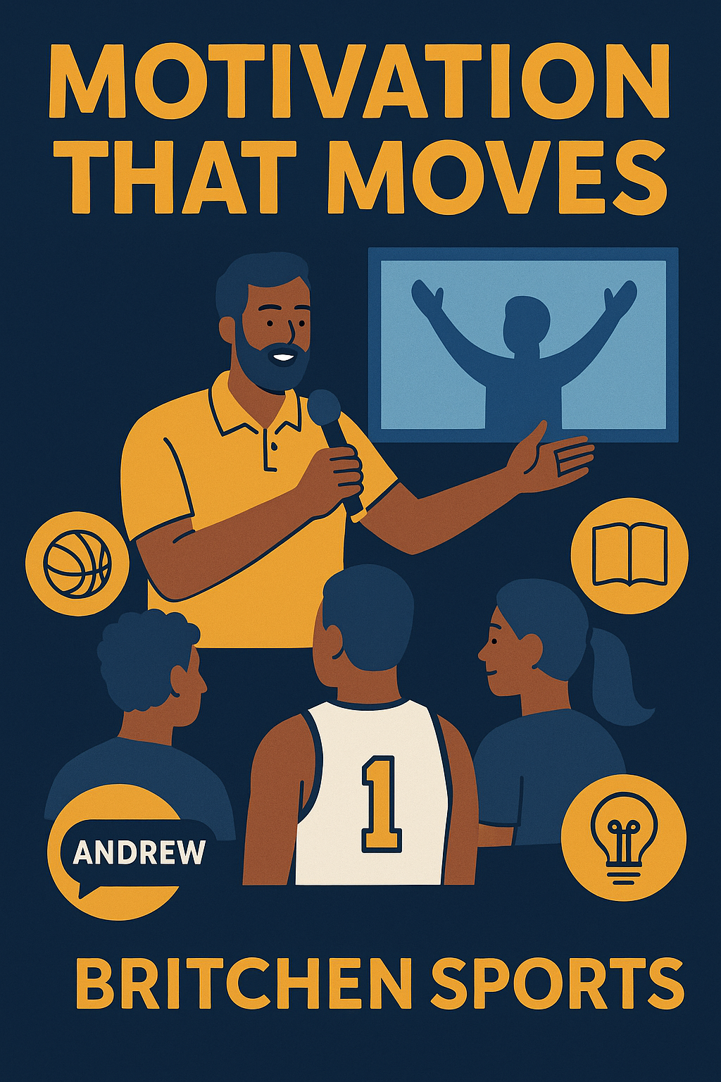 Illustration with the headline “Motivation That Moves” in bold yellow-orange text on a dark blue background. Below, motivational speaker Andrew, wearing a yellow polo and holding a microphone, addresses a group of young athletes. Surrounding icons include a basketball, open book, lightbulb, and a silhouette of a triumphant figure on a screen—symbolizing knowledge, inspiration, and sports. The graphic emphasizes impactful speaking that resonates with athletic and personal growth.