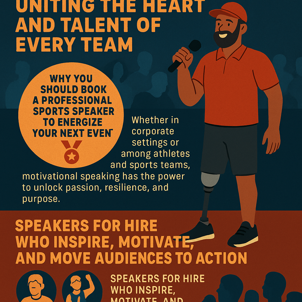 Illustration with the headline “Uniting the Heart and Talent of Every Team” in bold orange text. A motivational speaker with a prosthetic leg, wearing a red shirt and cap, holds a microphone and addresses an audience. A large orange circle reads “Why You Should Book a Professional Sports Speaker to Energize Your Next Event.” Below, text highlights the impact of motivational speaking in corporate and athletic settings. At the bottom, additional icons and speaker illustrations emphasize inspiration, resilience, and audience engagement. The image promotes the power of inclusive, action-driven motivational talks.