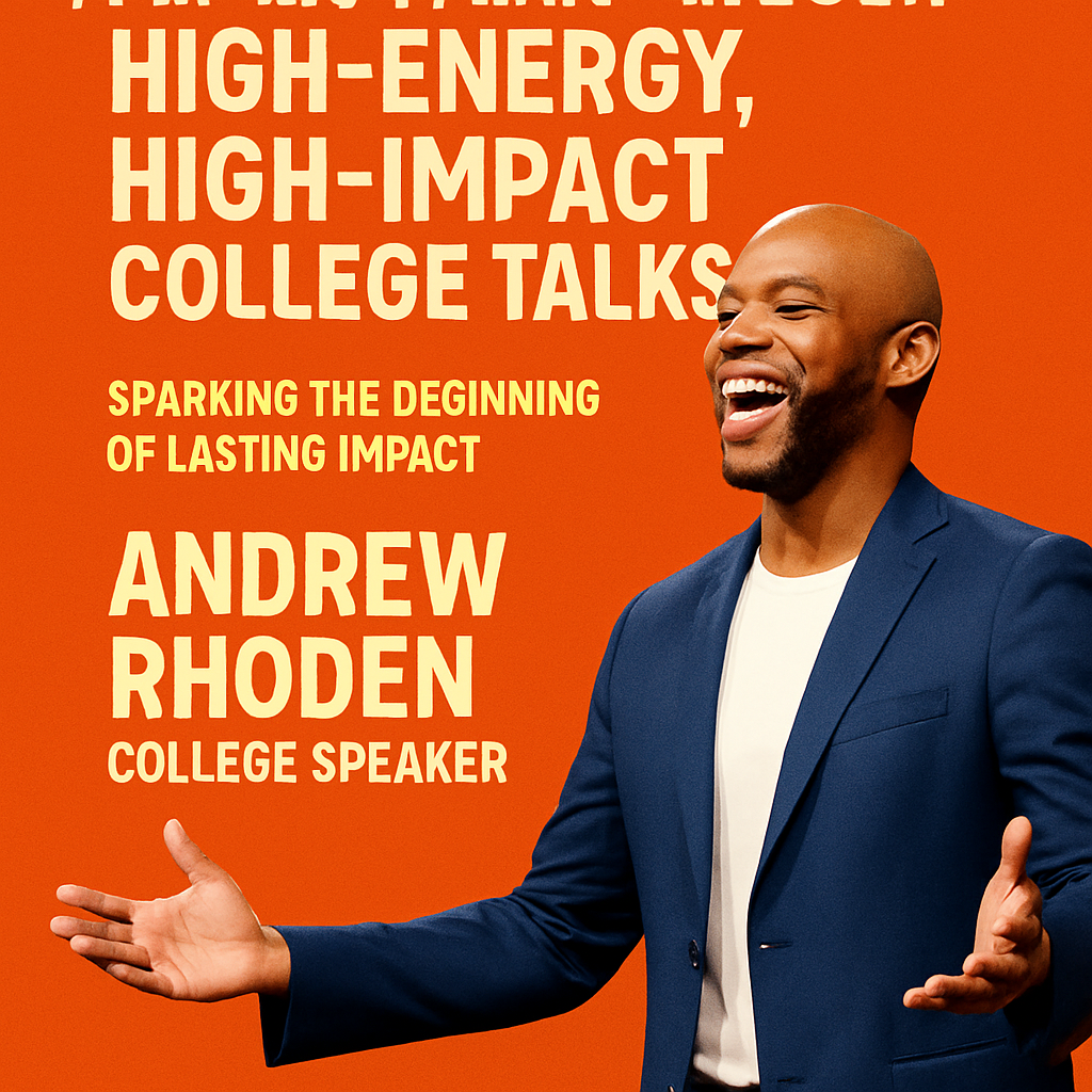 A promotional digital graphic design features Andrew Rhoden, a charismatic college speaker, smiling and gesturing energetically while wearing a navy blazer, white t-shirt, and wireless headset. The vibrant orange background enhances the bold white and yellow text that reads: “EMPOWERING THE NEXT GENERATION THROUGH HIGH-ENERGY, HIGH-IMPACT COLLEGE TALKS,” “SPARKING THE BEGINNING OF LASTING IMPACT,” and “ANDREW RHODEN, COLLEGE SPEAKER.” The layout emphasizes enthusiasm, connection, and motivational impact.
