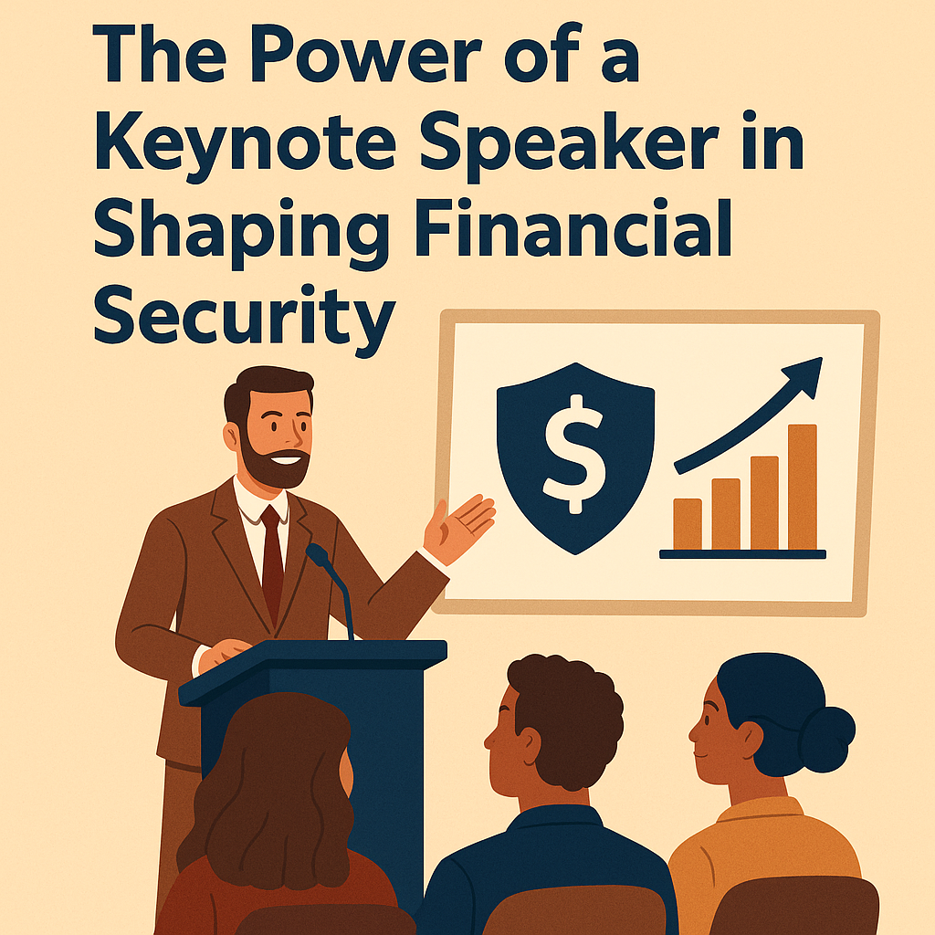 A flat-style illustration titled “The Power of a Keynote Speaker in Shaping Financial Security” in bold navy blue text on a beige background. A bearded man in a brown suit stands at a blue podium, gesturing toward a presentation slide showing a navy shield with a white dollar sign and an upward-trending bar graph. In the foreground, three diverse audience members face the speaker attentively.