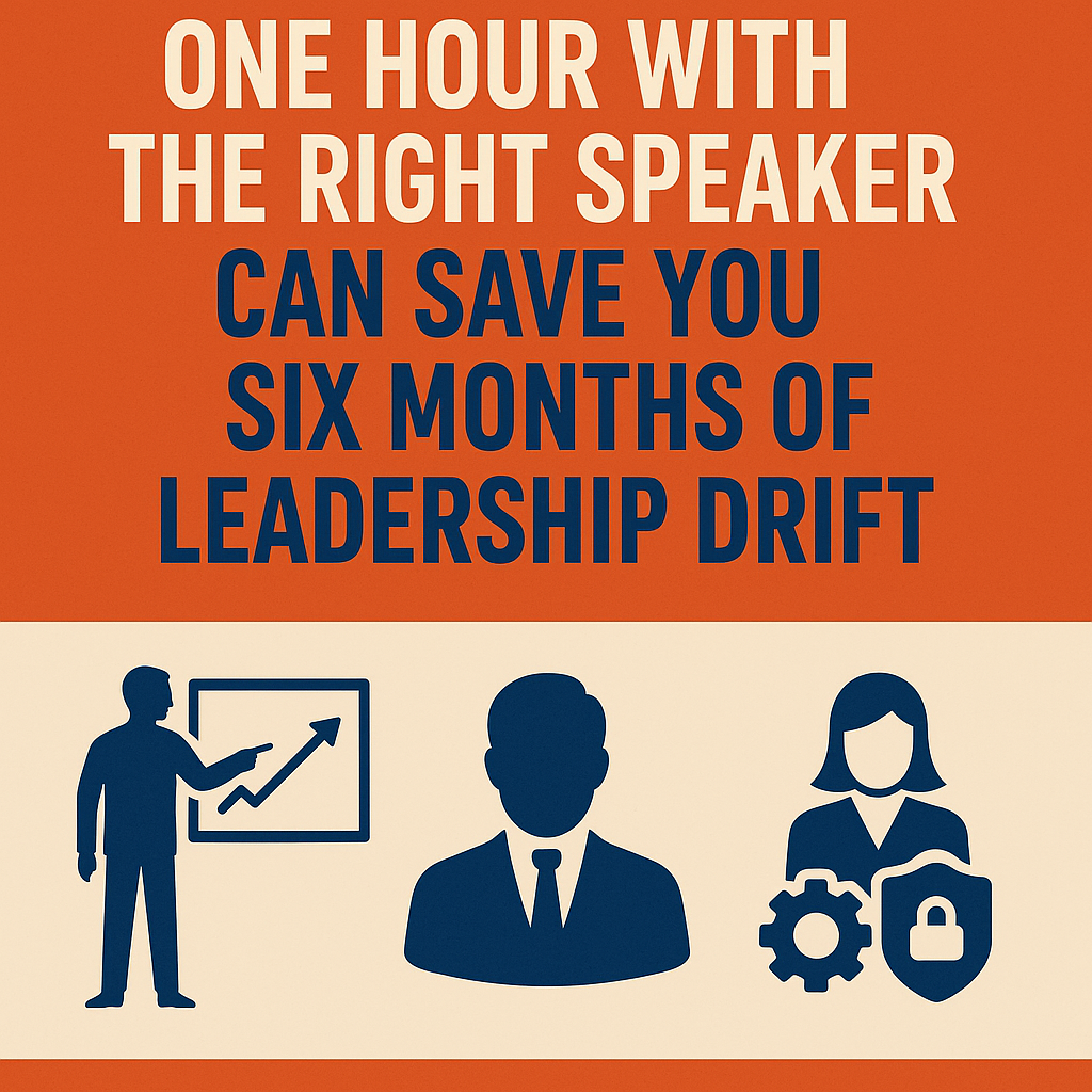 Digital graphic with the headline 'One Hour with the Right Speaker Can Save You Six Months of Leadership Drift' in bold white and blue text on an orange background. Below, three navy-blue icons on a beige backdrop: a presenter pointing at a rising graph, a business leader in a suit, and a female professional with a gear and shield featuring a padlock.