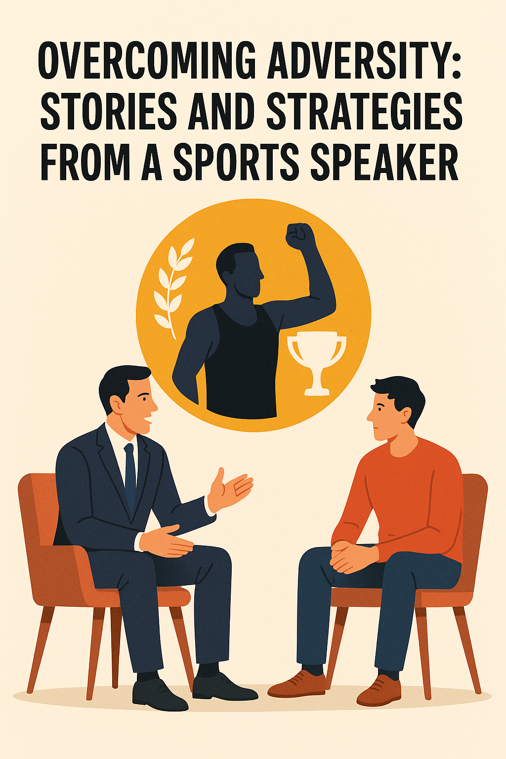 Overcoming Adversity: Stories and Strategies from a Sports Speaker.” Below, a sports speaker in a suit gestures while speaking to an attentive young man in casual clothes. Above them, a large orange circle contains the silhouette of an athlete raising a clenched fist next to a trophy and laurel branch, symbolizing victory and resilience.