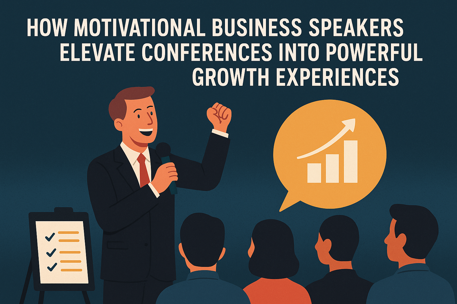 Flat-style digital illustration of a motivational business speaker at a conference. A smiling man in a navy suit with a red tie holds a microphone and gestures enthusiastically with one hand raised. In front of him sits an attentive audience, shown as silhouettes. To the side, a flip chart displays a checklist, and above the crowd a large yellow-orange speech bubble features an upward-trending growth chart. At the top, bold white text reads: “HOW MOTIVATIONAL BUSINESS SPEAKERS ELEVATE CONFERENCES INTO POWERFUL GROWTH EXPERIENCES.” The overall design conveys energy, inspiration, and business growth.