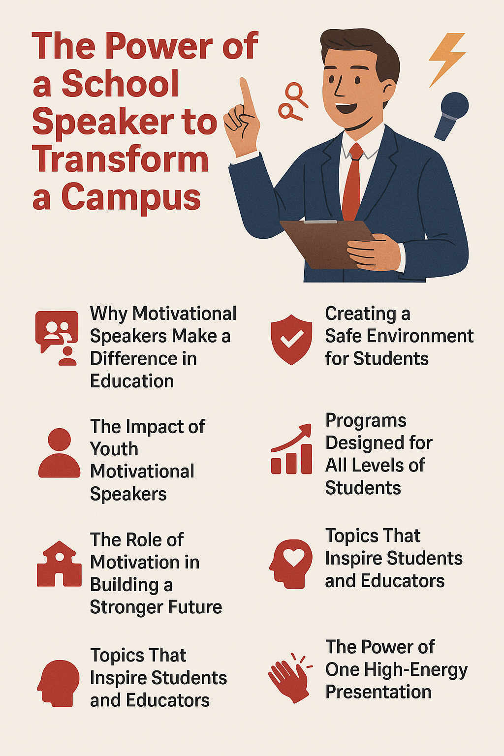 The Power of a School Speaker to Transform a Campus.' At the top, an illustrated motivational speaker in a suit gestures confidently while holding a clipboard, with icons of a microphone, magnifying glass, and lightning bolt symbolizing energy and impact. Below, eight sections with red icons and black text highlight key themes: why motivational speakers make a difference in education, creating a safe environment for students, the impact of youth motivational speakers, programs designed for all levels of students, the role of motivation in building a stronger future, topics that inspire students and educators, and the power of one high-energy presentation.