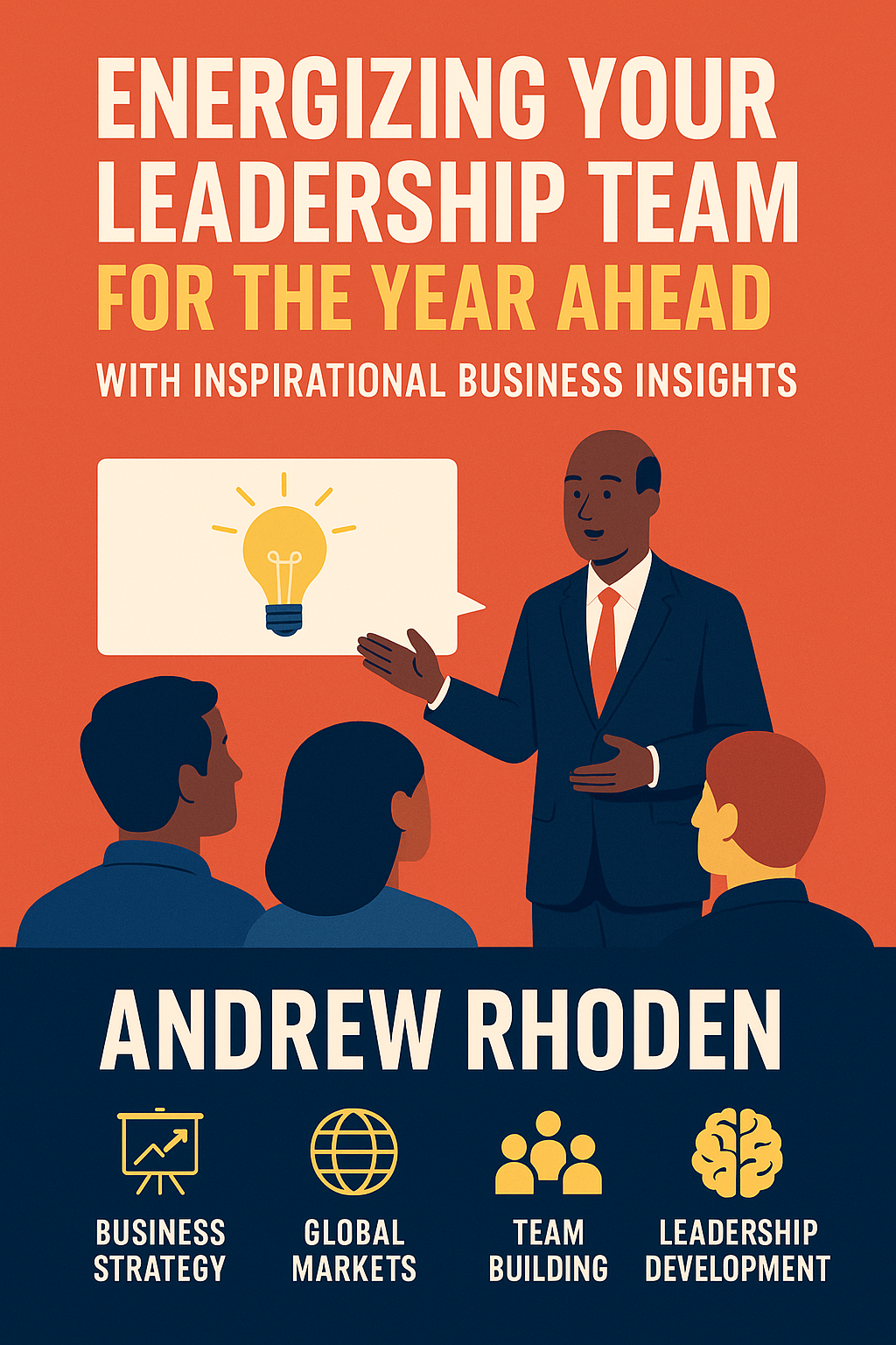 ENERGIZING YOUR LEADERSHIP TEAM FOR THE YEAR AHEAD WITH INSPIRATIONAL BUSINESS INSIGHTS” in bold white and yellow text against a deep red-orange background. Below, an illustrated figure of Andrew Rhoden, wearing a navy suit and red tie, gestures while speaking to a diverse group of four attendees. A speech bubble with a glowing lightbulb icon symbolizes idea sharing. The bottom section, in navy blue, displays “ANDREW RHODEN” in large white letters, followed by four golden-yellow icons with labels: “Business Strategy,” “Global Markets,” “Team Building,” and “Leadership Development.
