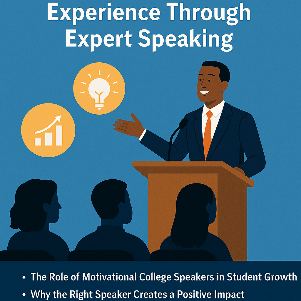 Experience Through Expert Speaking” depicts an African American male speaker in a navy suit and orange tie standing at a podium, smiling and gesturing as he addresses an audience of three silhouetted college students. The blue background includes two orange circular icons—one with a rising bar graph and one with a lightbulb—symbolizing growth and ideas. At the bottom, bullet points read: “The Role of Motivational College Speakers in Student Growth” and “Why the Right Speaker Creates a Positive Impact.