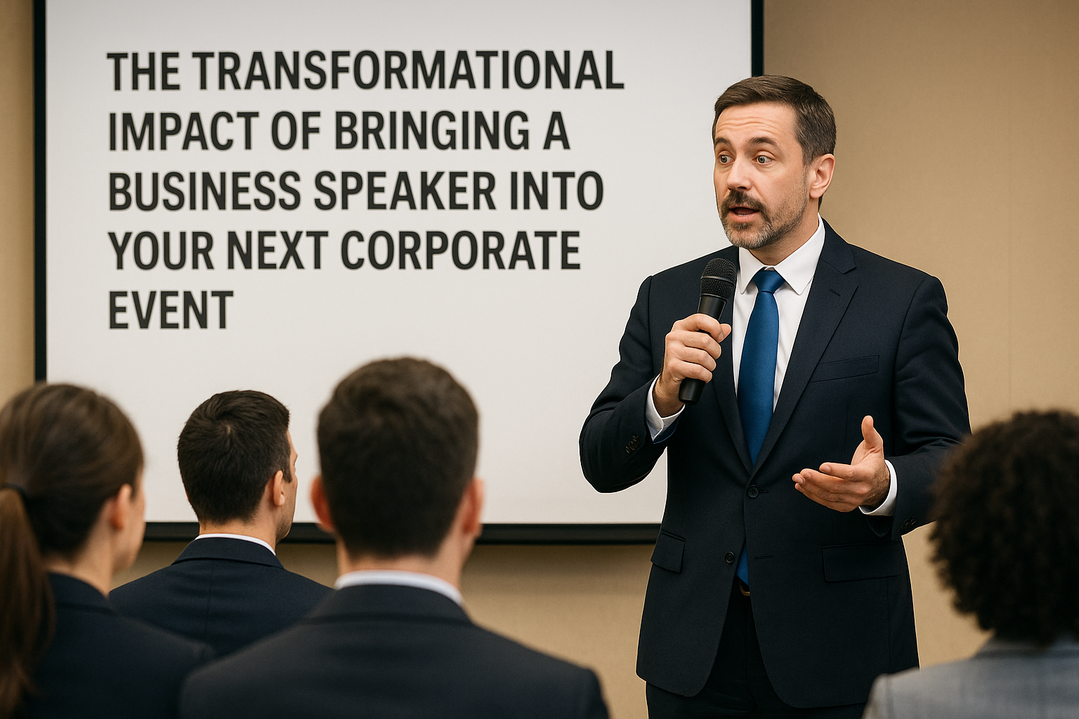 Business speaker in a navy suit holding a microphone while presenting to a corporate audience, with a large screen behind him displaying the title ‘The Transformational Impact of Bringing a Business Speaker Into Your Next Corporate Event.