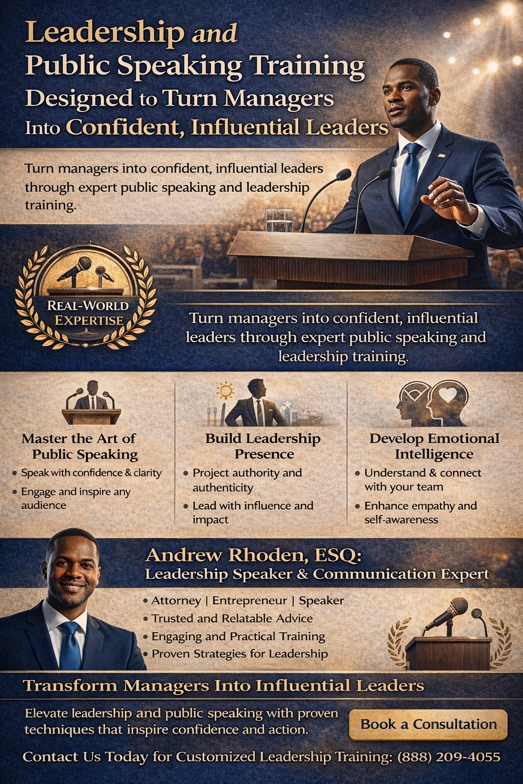 Leadership and Public Speaking Training Designed to Turn Managers Into Confident, Influential Leaders,” featuring a professional speaker at a podium and leadership icons. The graphic highlights benefits such as mastering public speaking, building leadership presence, developing emotional intelligence, and influencing teams, and introduces Andrew Rhoden, ESQ as a leadership speaker and communication expert with a call to book customized leadership training.