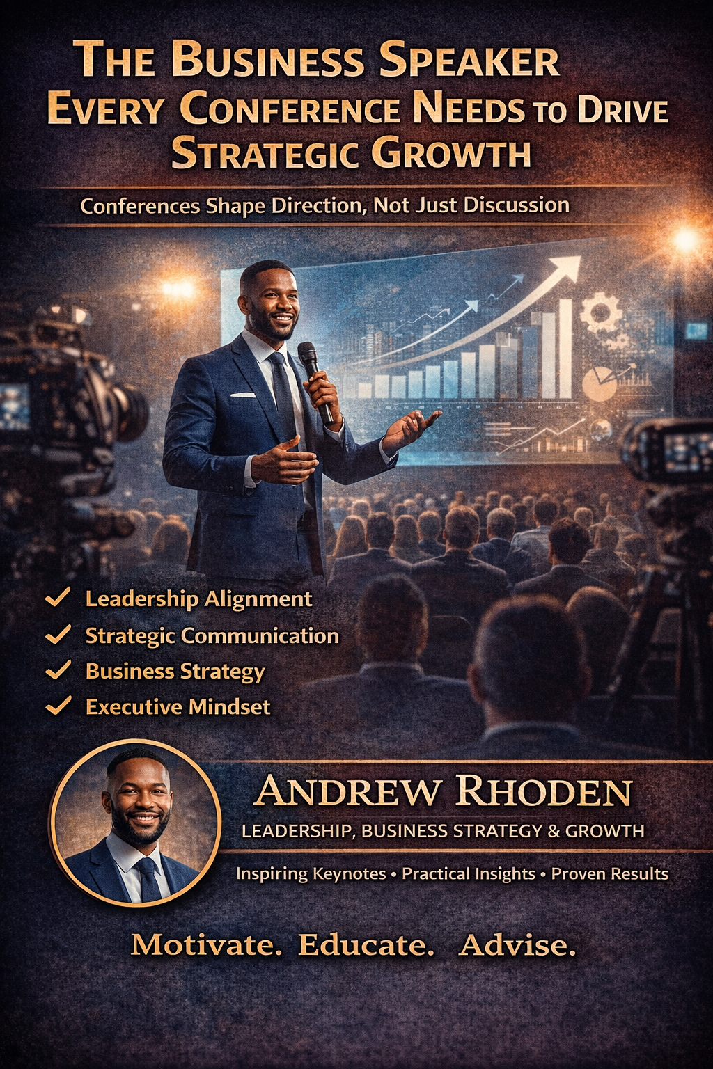 The Business Speaker Every Conference Needs to Drive Strategic Growth,” featuring Andrew Rhoden speaking on stage to a large professional audience. He holds a microphone and gestures toward a projected growth chart and upward arrow, symbolizing business strategy and expansion. Text highlights leadership alignment, strategic communication, business strategy, and executive mindset. Andrew Rhoden’s name and tagline “Motivate. Educate. Advise.” appear at the bottom, positioning him as a keynote speaker focused on leadership, business strategy, and growth.
