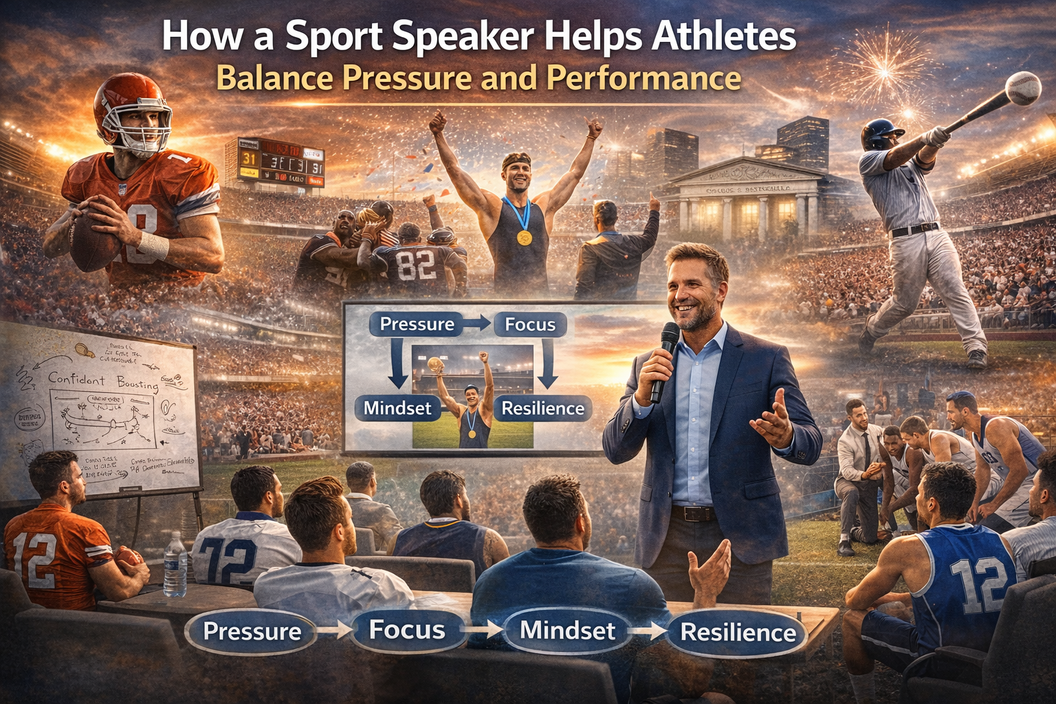 Sport speaker motivating athletes to manage pressure and improve performance through focus, mindset, and resilience.