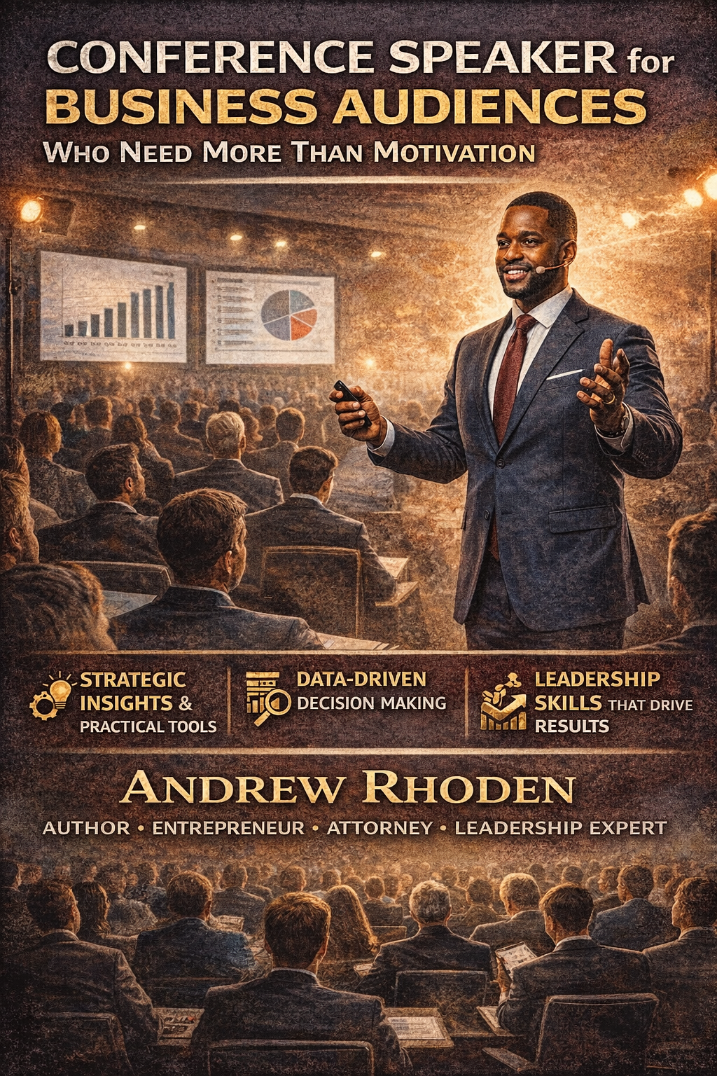 Promotional illustration of Andrew Rhoden speaking on stage at a business conference, addressing a professional audience with charts and data displayed behind him, highlighting his role as a conference speaker who delivers strategic insights, data-driven decision-making, and practical leadership tools beyond motivation.