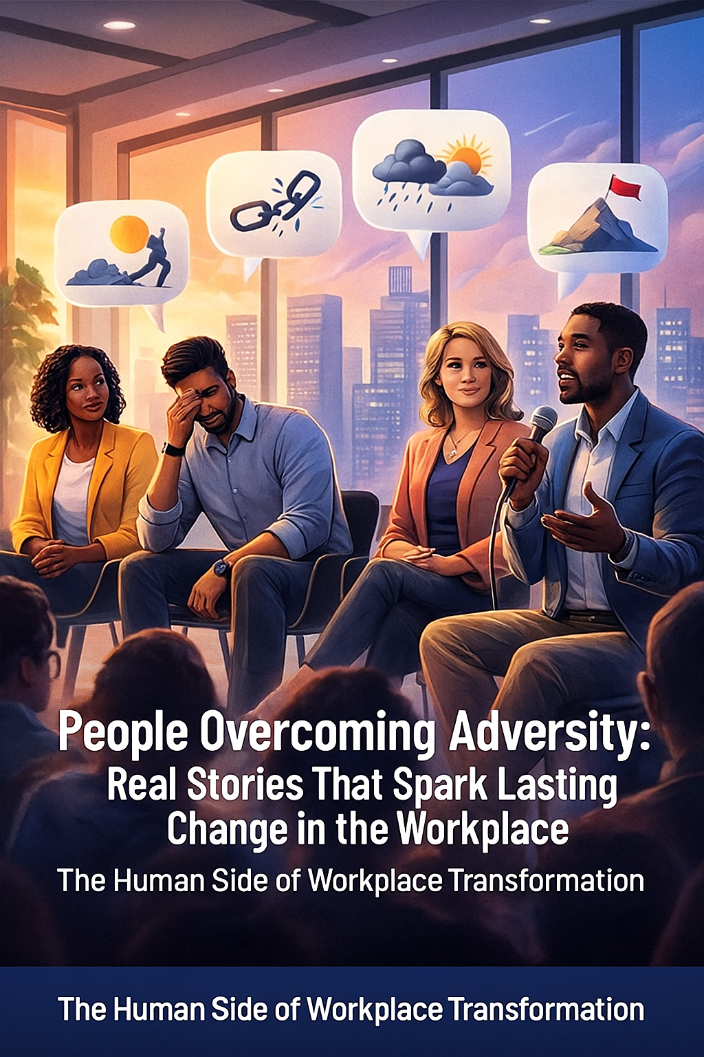 A vibrant digital illustration of a diverse group of employees seated in a conference room, attentively listening to a motivational speaker holding a microphone. Behind the speaker, a large projection screen displays an image of him wearing a medal, symbolizing achievement. The room features bright lighting, colorful sticky notes on a wall, a cityscape visible through large windows, and a mix of engaged audience members. Text below reads: ‘People Overcoming Adversity: Real Stories That Spark Lasting Change in the Workplace.
