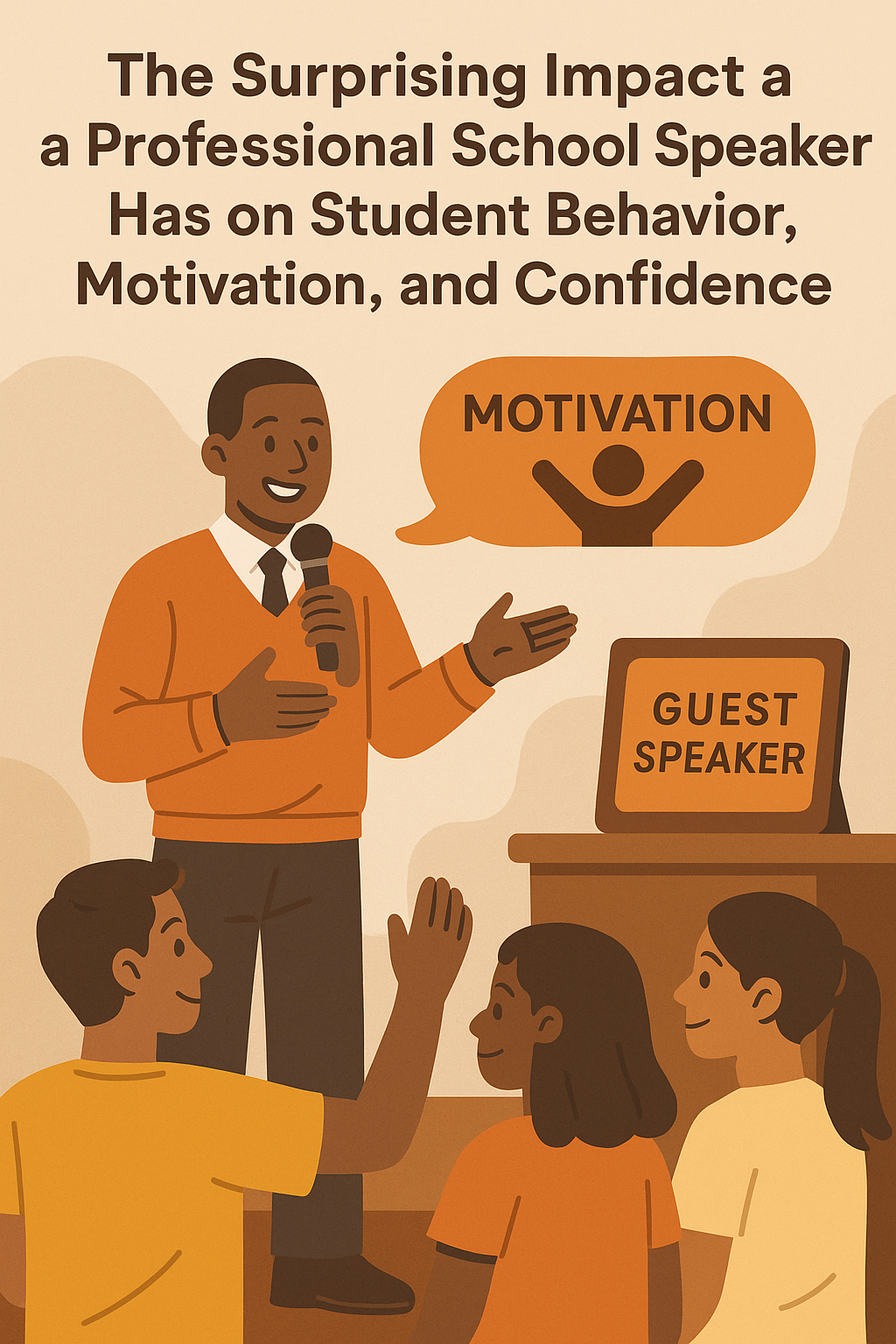 Flat-style digital illustration showing a professional school speaker standing on stage, smiling and holding a microphone while addressing a group of engaged students. A large speech bubble above him displays the word ‘MOTIVATION’ with an uplifting icon of a person raising their arms. In front of him sits a small podium sign labeled ‘Guest Speaker.’ Several diverse students sit and raise their hands enthusiastically. At the top, bold text reads: ‘The Surprising Impact a Professional School Speaker Has on Student Behavior, Motivation, and Confidence.’ The warm, earthy color palette creates an encouraging, inspirational atmosphere.